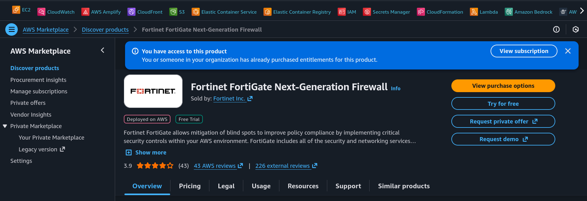 Suscripción de FortiGate en AWS Marketplace